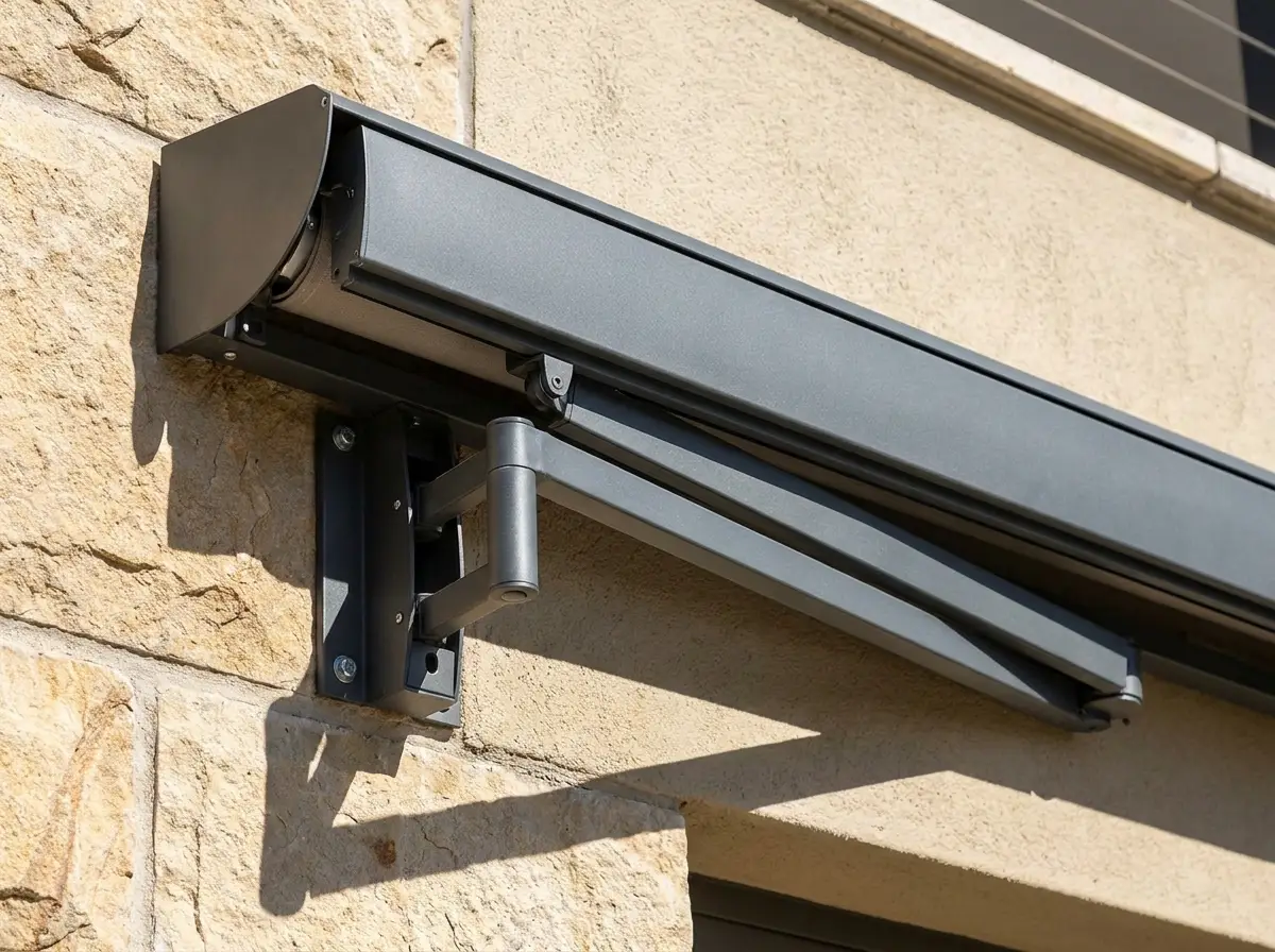 Close-up of a folding-arm awning cassette and articulated arm joint mounted on a Camps Bay home facade