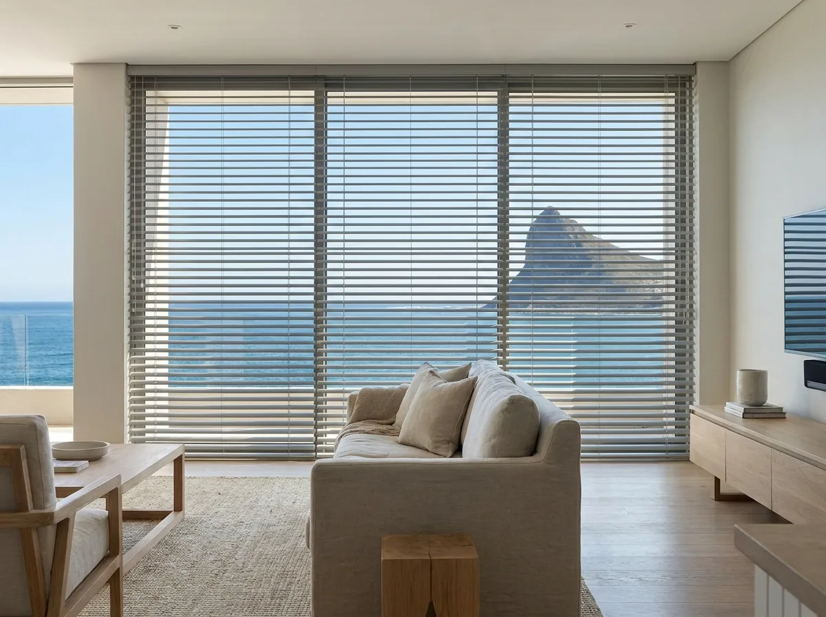 Slim aluminium venetian blinds across a full-height glass wall in an open-plan Camps Bay living room, the metal slats tilted to steer glare off the water, Lion’s Head and the Atlantic visible through them