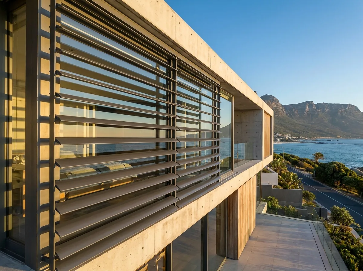External aluminium venetian blinds mounted on the outside of a wide west-facing glass facade of a contemporary Camps Bay house, metal slats tilted against the low afternoon sun, the Twelve Apostles and Atlantic beyond