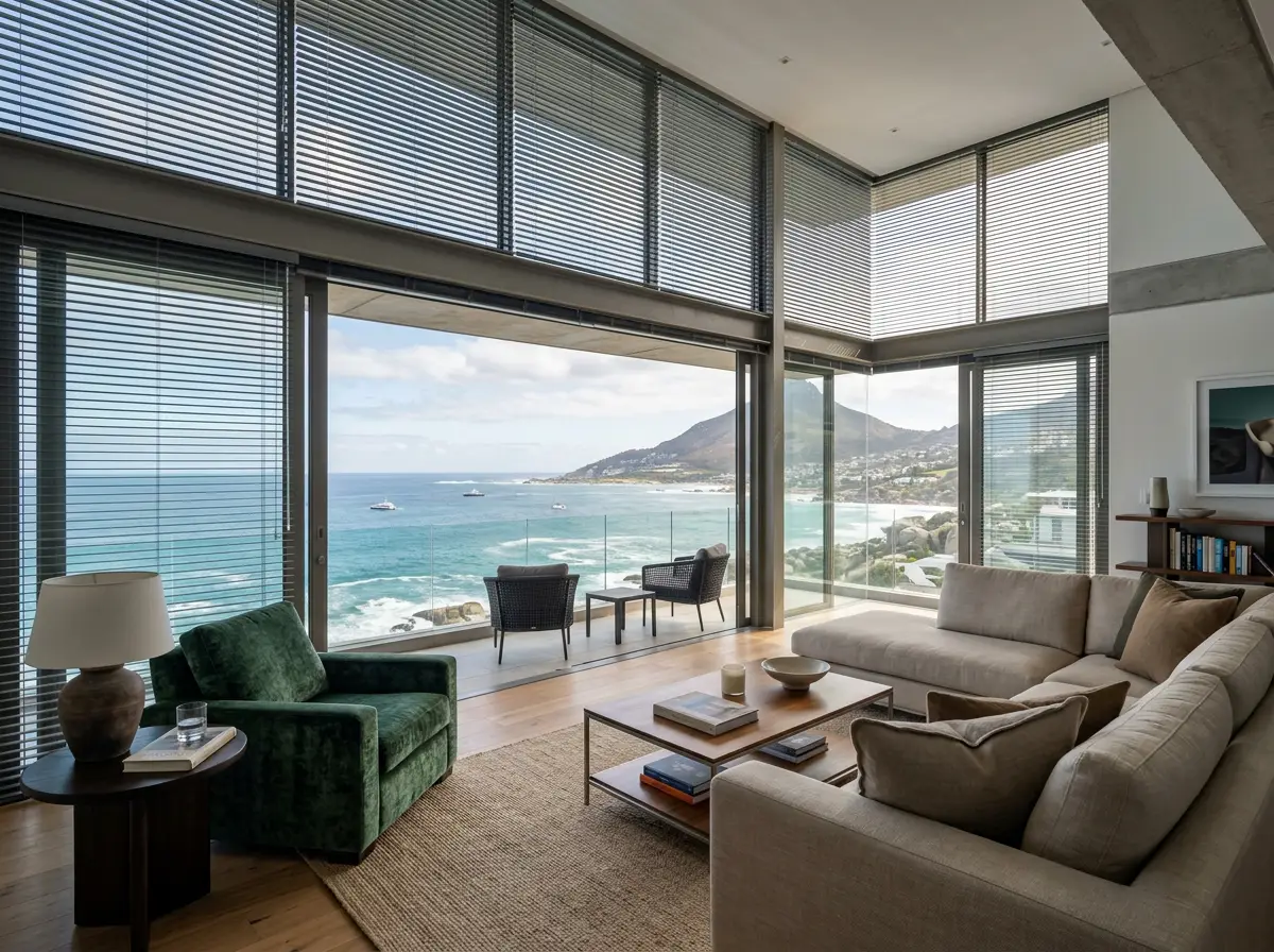 Open-plan lounge in a Bantry Bay cliffside apartment with wrap-around glass and tilted aluminium venetian blinds